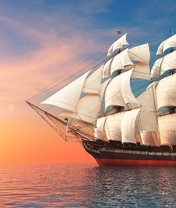 Image: Ship, sail, ocean, water, sky, sun