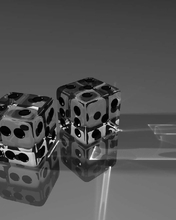 Image: Game, cubes, dice, points, reflection, grey background, glass, surface, transparency