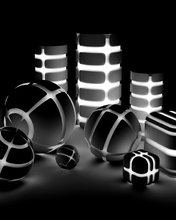 Картинка: Кубы, шары, сферы, цилиндры, светящиеся, тёмный фон