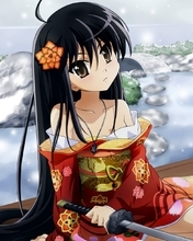 Картинка: Девушка, длинные волосы, брюнетка, глаза, цветок, кимоно, меч, сидит, горы