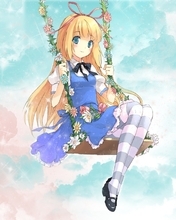 Картинка: Девушка, блондинка, бантик, качель, небо, цветы