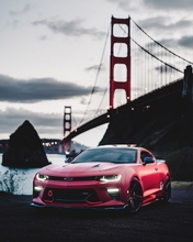 Image: Car, Chevrolett, Comaro, red, bridge, sea, darkness