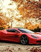 Картинка: Aston Martin, красная, улица, суперкар, дизайн, осень, деревья, листва, дорога