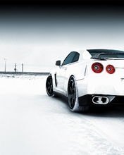 Картинка: Nissan, GTR, белый, снег, зима, железная дорога