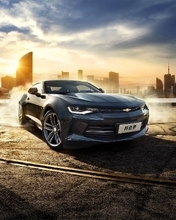 Image: Chevrolet, Camaro, sun, sky, town, tire tracks, drift, smoke, river