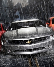 Image: Supercars, chevrolet camaro, dodge сhallenger, ford mustang, rain, rainstorm, road