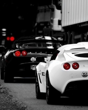 Картинка: Суперкары, машины, едут, дорога, Lotus, Exige, фары, чёрные, белые