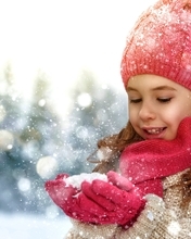 Image: Girl, winter, snow, snowflakes, falling, hat, scarf, smile, mood