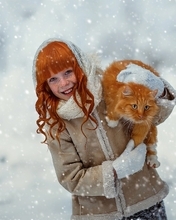 Image: Girl, cat, red, winter, snow, smile