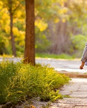 Image: Girl, child, park, alley, walk, grass, trees, leaves, light, rays, summer