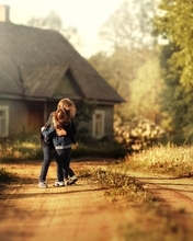 Image: Girls, embracing, sister, road, grass, house, sunny day, blur