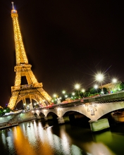 Image: France, Paris, Eiffel tower, bridge, lights, river, night