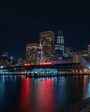 Картинка: Город, ночь, высотки, порт, Сан-Франциско, Port of San Francisco, река, огни