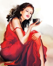 Картинка: Девушка, сидит, арт, рисунок, платье, в красном, чашка, держит, напиток, художник, Татьяна Никитина, акварель