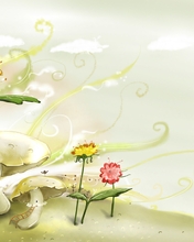 Image: Drawing, mushrooms, flowers, fantasy, sky, clouds