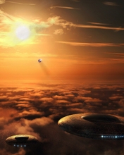 Image: Sky, clouds, UFO, dish, sun, planet