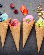 Картинка: Мороженое, рожок, вафля, вкусное, ягоды, дольки