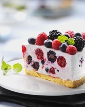Image: Cake, berries, raspberries, blackberries, blueberries, slice, leaves, fork, plate