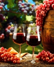 Image: Wine, glasses, grape, grapes, vine, barrel