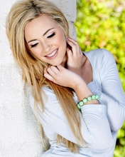 Image: Blonde, smile, joy, makeup, hair, bracelet, wall