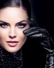 Image: Girl, model, brunette, face, makeup, eyebrows, eyes, eyelashes, lips, scarf, glove