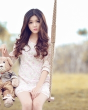 Image: Girl, asian, toy, teddy bear, swing