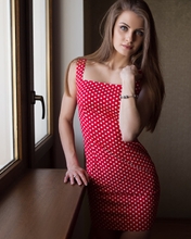 Image: Girl, long hair, cute, dress, red, in peas, white, posing, window