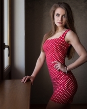 Image: Girl, long hair, cute, dress, red, polka dot, white, posing, posture, figure, window
