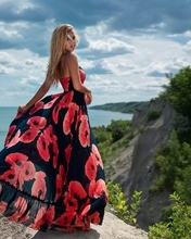 Image: Girl, dress, blonde, rocks, sea, sky, clouds, horizon, nature