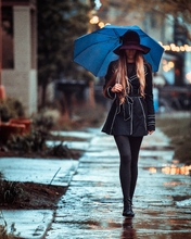 Image: Girl, coat, hat, umbrella, goes, street, wet asphalt, rain
