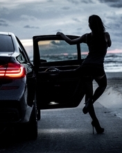Image: Girl, car, stands, door, BMW, headlight, clouds, landscape, road, heels, Arny North, Photography