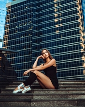 Image: Girl, sitting, staircase, steps, railings, buildings, skyscrapers, view, legs, pointe shoes, ballerina