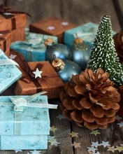 Картинка: Шишки, праздник, подарки, конфетти, ёлка, Новый год, новогодние игрушки