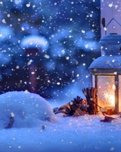 Картинка: Снег, снежинки, зима, Новый год, фонарь, лампа, еловые шишки, свет