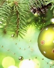 Картинка: Веточки, ель, иголки, шишки, шар, бусинки, игрушка, украшение, Новый год