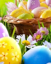 Image: Basket, Easter, eggs, flowers, grass, ribbon