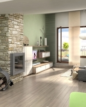 Image: Room, fireplace, firewood, stone, sofa, lamp, floor