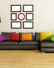 Картинка: Кожаный диван, торшер, декоративные подушки, кашпо, дерево, стена, пол