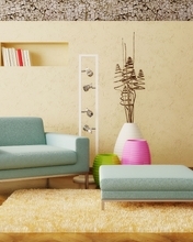 Image: Chair, lamps, vases, decor, carpet, walls, books