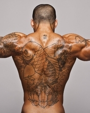 Image: Male, muscles, body, back, tattoo, Lotus, fish