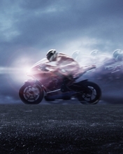 Картинка: Байк, гонщик, скорость, свет, небо, дорога
