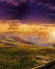 Картинка: Долина, горы, холмы, деревья, забор, вечер, закат, пейзаж, небо