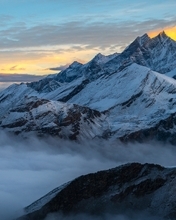 Image: Mountains, landscape, snow, fog, clouds, sky, sunset