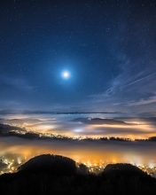 Image: Landscape, sky, night, light, stars, city, fog, lights, horizon, hills