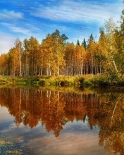 Image: Autumn, trees, foliage, grass, reflection, lake, water, day, sky, clouds