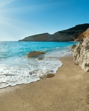 Картинка: Море, вода, побережье, песок, камни, скалы, горизонт, небо, солнце, день