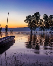 Картинка: природа, лодка, озеро, деревья, закат