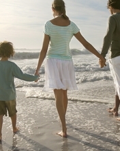 Image: Family, people, father, mother, children, sea, waves, sea foam, beach, sand
