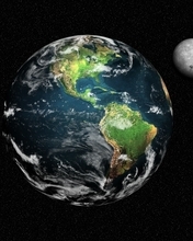 Картинка: Земля, материки, Луна, Спутник, планета, звёзды, космос