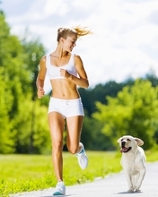 Image: Running, girl, dog, trees, park, morning